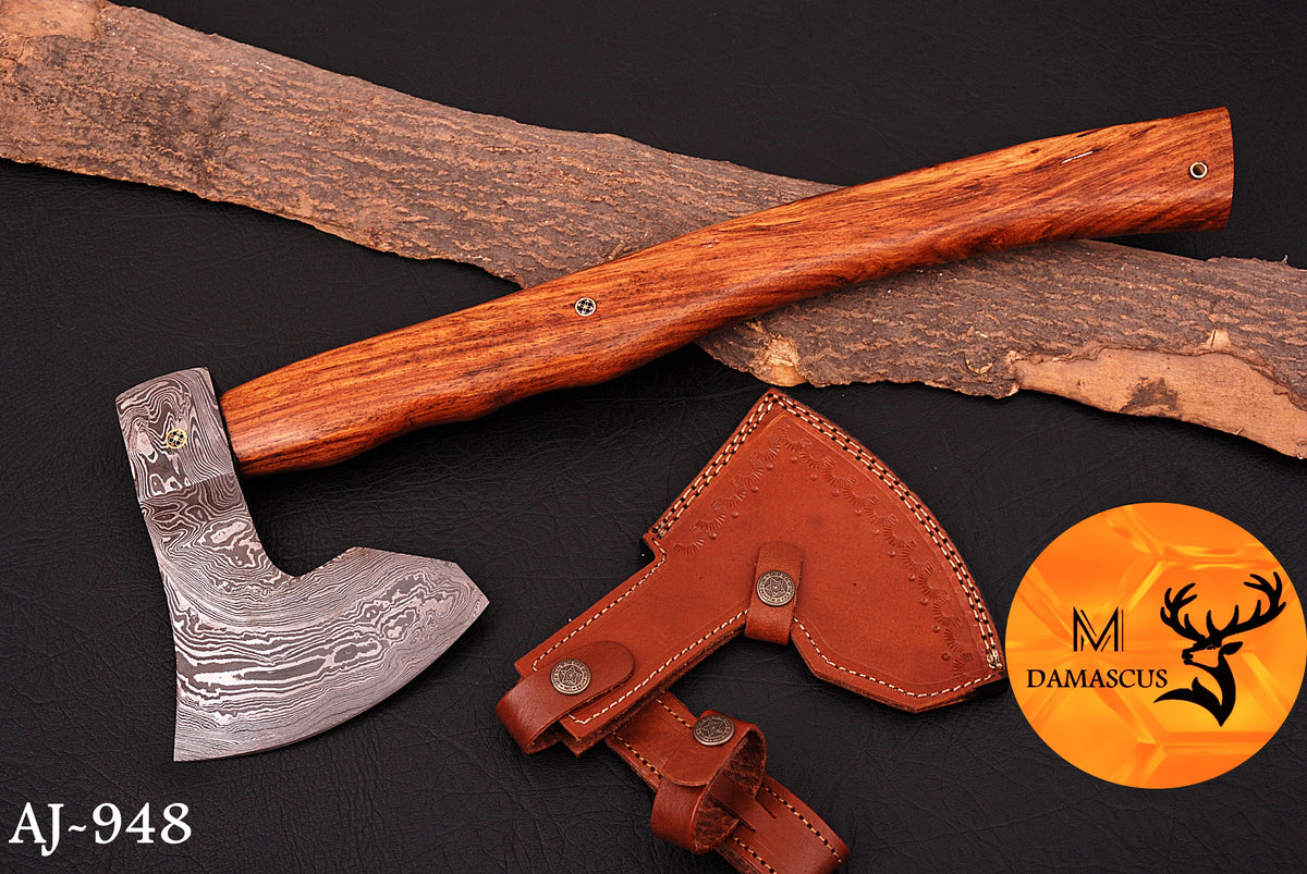 CUSTOM HANDMADE FORGED DAMASCUS STEEL AXE HATCHETS TOMAHAWK VIKING THROWING WOOD HANDLE WITH LEATHER SHEATH 948