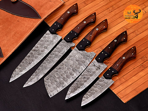 CUSTOM MADE CHEF KNIFE SET HAND FORGED DAMASCUS STEEL KITCHEN KNIVES SET WITH WOOD HANDLE 2796
