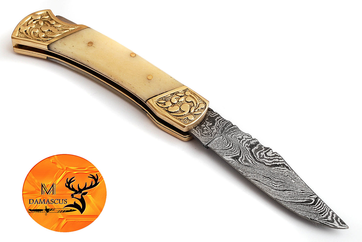 CUSTOM MADE POCKET KNIFE / HAND FORGED DAMASCUS STEEL FOLDING BLADE KNIFE / CAMEL BONE HANDLE 700