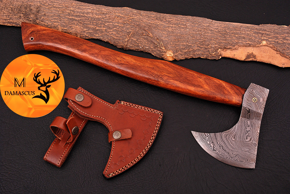 CUSTOM HANDMADE FORGED DAMASCUS STEEL AXE HATCHETS TOMAHAWK VIKING THROWING WOOD HANDLE WITH LEATHER SHEATH 949