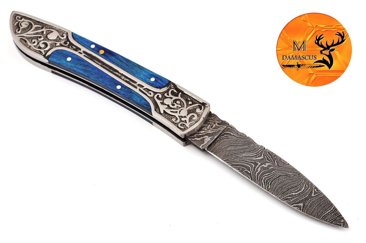 CUSTOM MADE POCKET KNIFE / HAND FORGED DAMASCUS STEEL FOLDING BLADE KNIFE / WOOD HANDLE 770