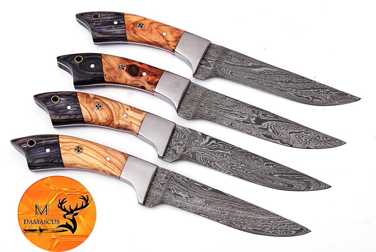 CUSTOM HANDMADE FORGED DAMASCUS STEEL STEAK KNIFE SET CHEF KNIFE SET KITCHEN KNIVES SET WITH WOOD HANDLE
