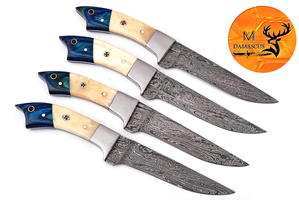 CUSTOM HANDMADE FORGED DAMASCUS STEEL STEAK KNIFE SET CHEF KNIFE SET KITCHEN KNIVES SET WITH CAMEL BONE HANDLE
