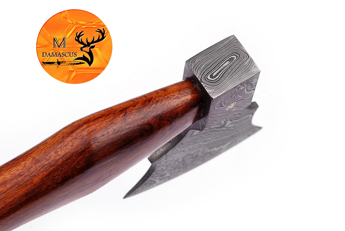 CUSTOM HANDMADE FORGED DAMASCUS STEEL AXE HATCHETS TOMAHAWK VIKING THROWING WOOD HANDLE WITH LEATHER SHEATH 554