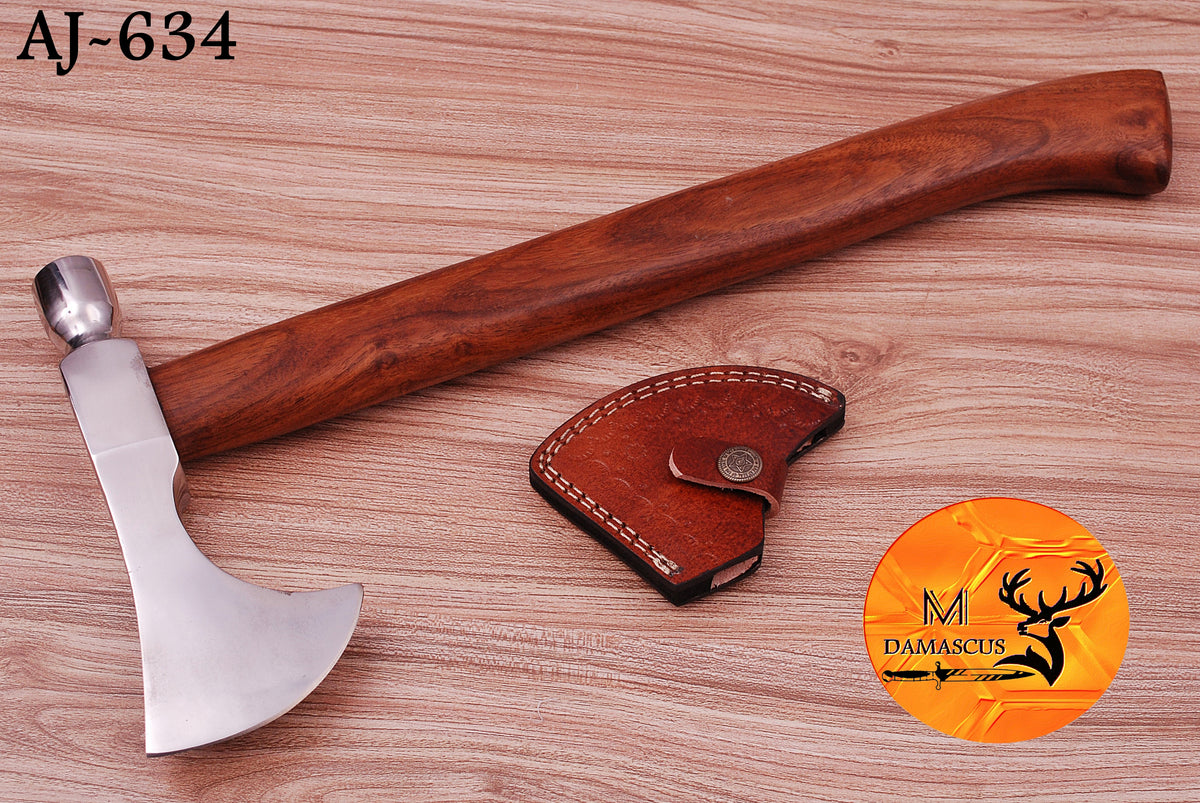 CUSTOM HANDMADE CARBON STEEL AXE HATCHET INTEGRAL VIKING THROWING TOMAHAWK WOOD HANDLE WITH LEATHER SHEATH 634