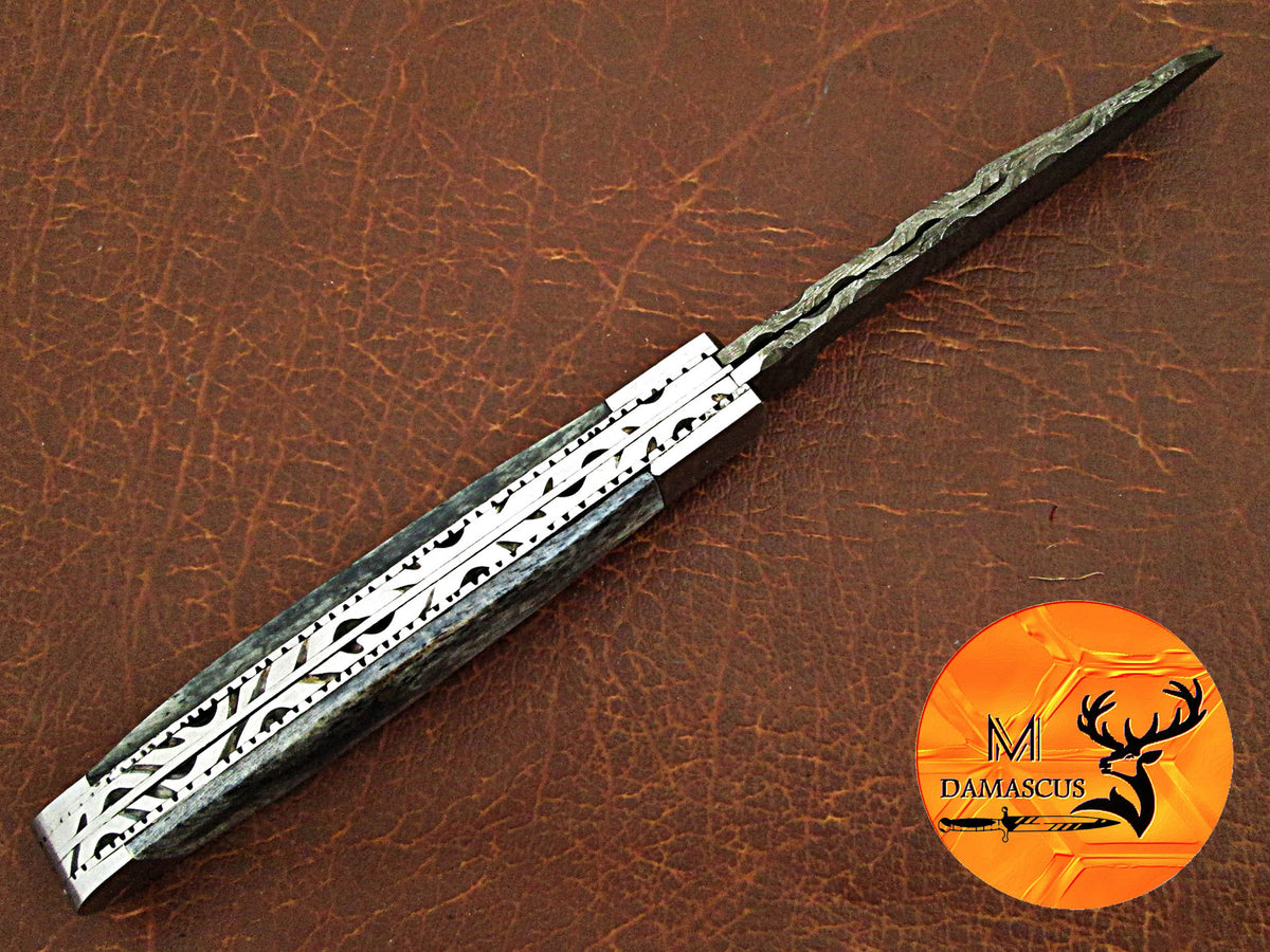 CUSTOM MADE TRAPPER KNIFE / HAND FORGED DAMASCUS STEEL FOLDING BLADE KNIFE / CAMEL BONE HANDLE 74