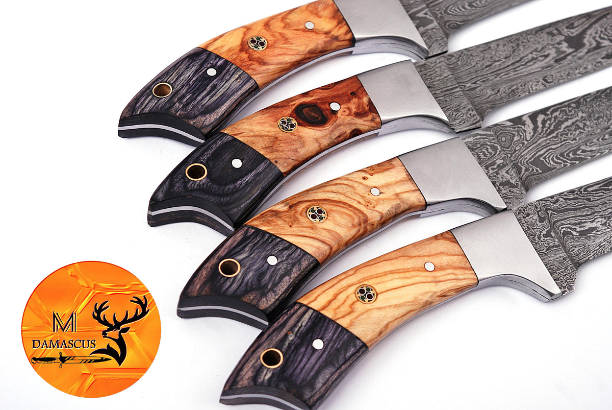 CUSTOM HANDMADE FORGED DAMASCUS STEEL STEAK KNIFE SET CHEF KNIFE SET KITCHEN KNIVES SET WITH WOOD HANDLE