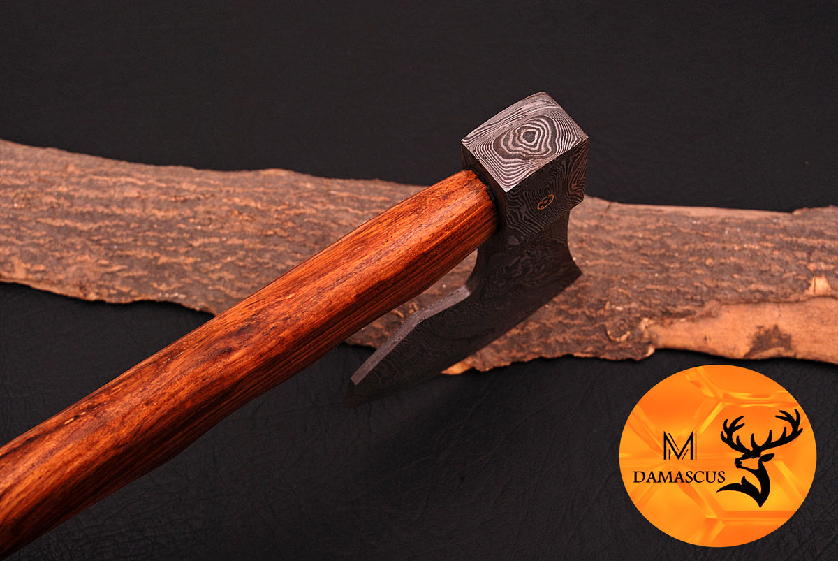 CUSTOM HANDMADE FORGED DAMASCUS STEEL AXE HATCHETS TOMAHAWK VIKING THROWING WOOD HANDLE WITH LEATHER SHEATH 948