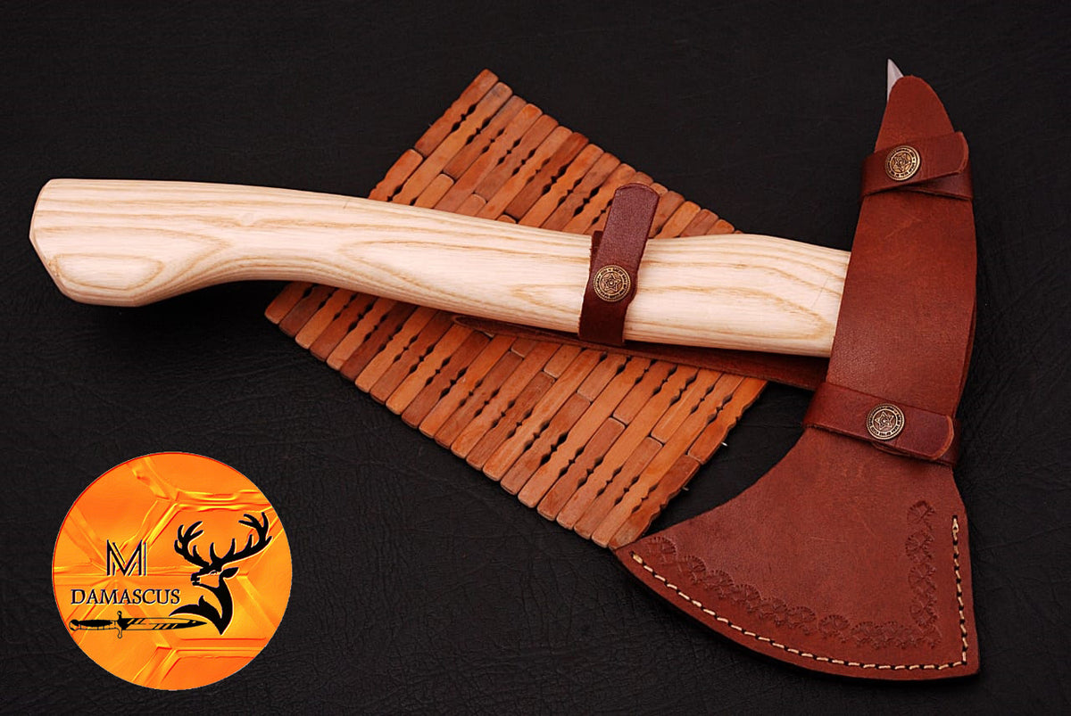 CUSTOM HANDMADE CARBON STEEL AXE HATCHET INTEGRAL VIKING THROWING TOMAHAWK WOOD HANDLE WITH LEATHER SHEATH 873
