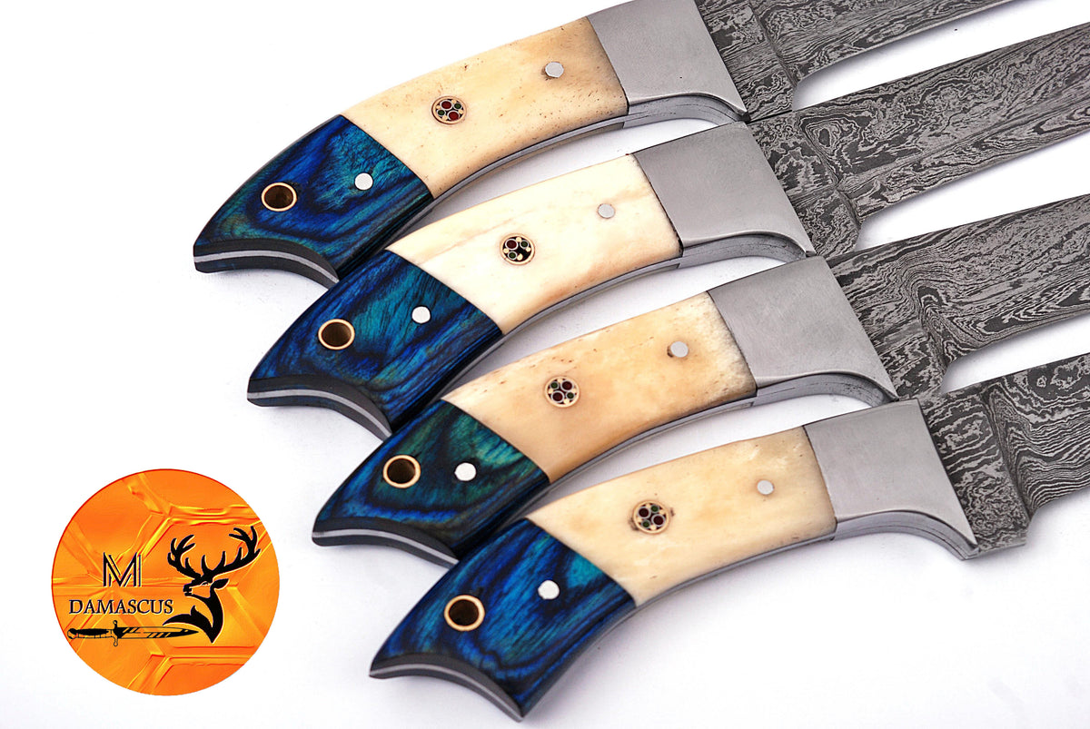 CUSTOM HANDMADE FORGED DAMASCUS STEEL STEAK KNIFE SET CHEF KNIFE SET KITCHEN KNIVES SET WITH CAMEL BONE HANDLE