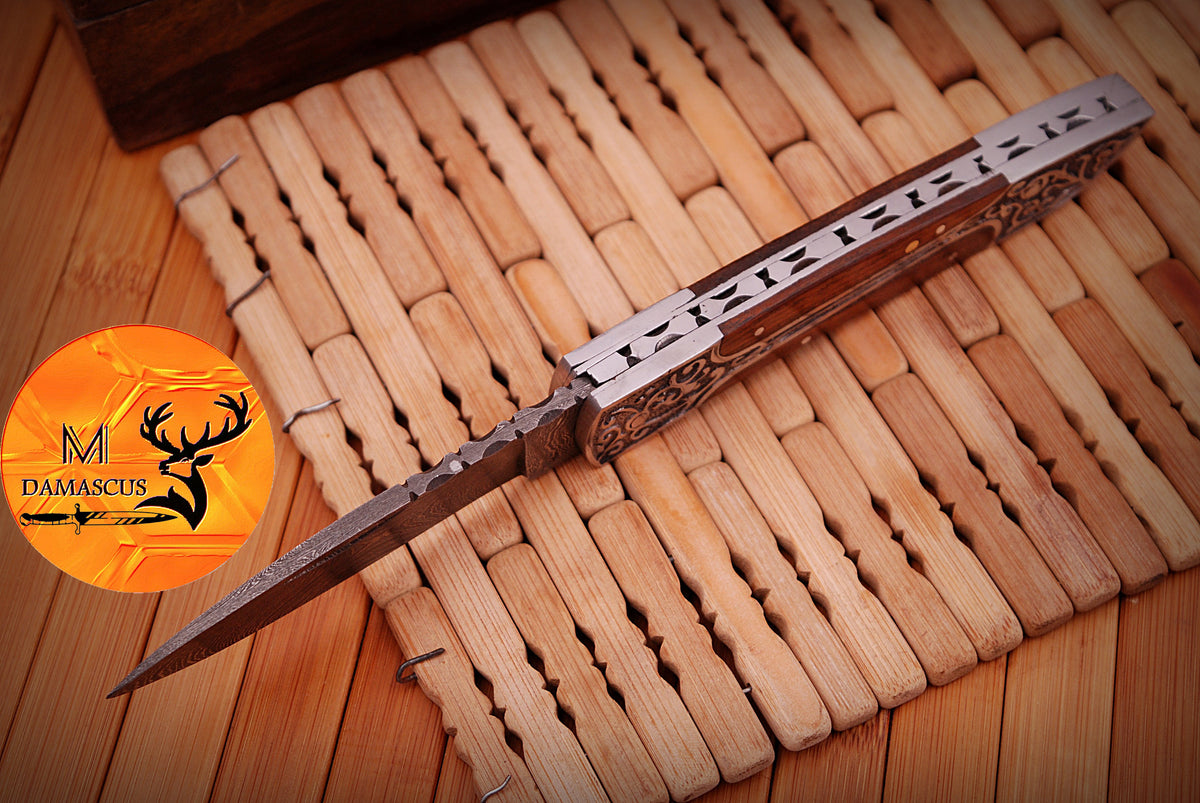 CUSTOM MADE POCKET KNIFE / HAND FORGED DAMASCUS STEEL FOLDING BLADE KNIFE / WOOD HANDLE 499