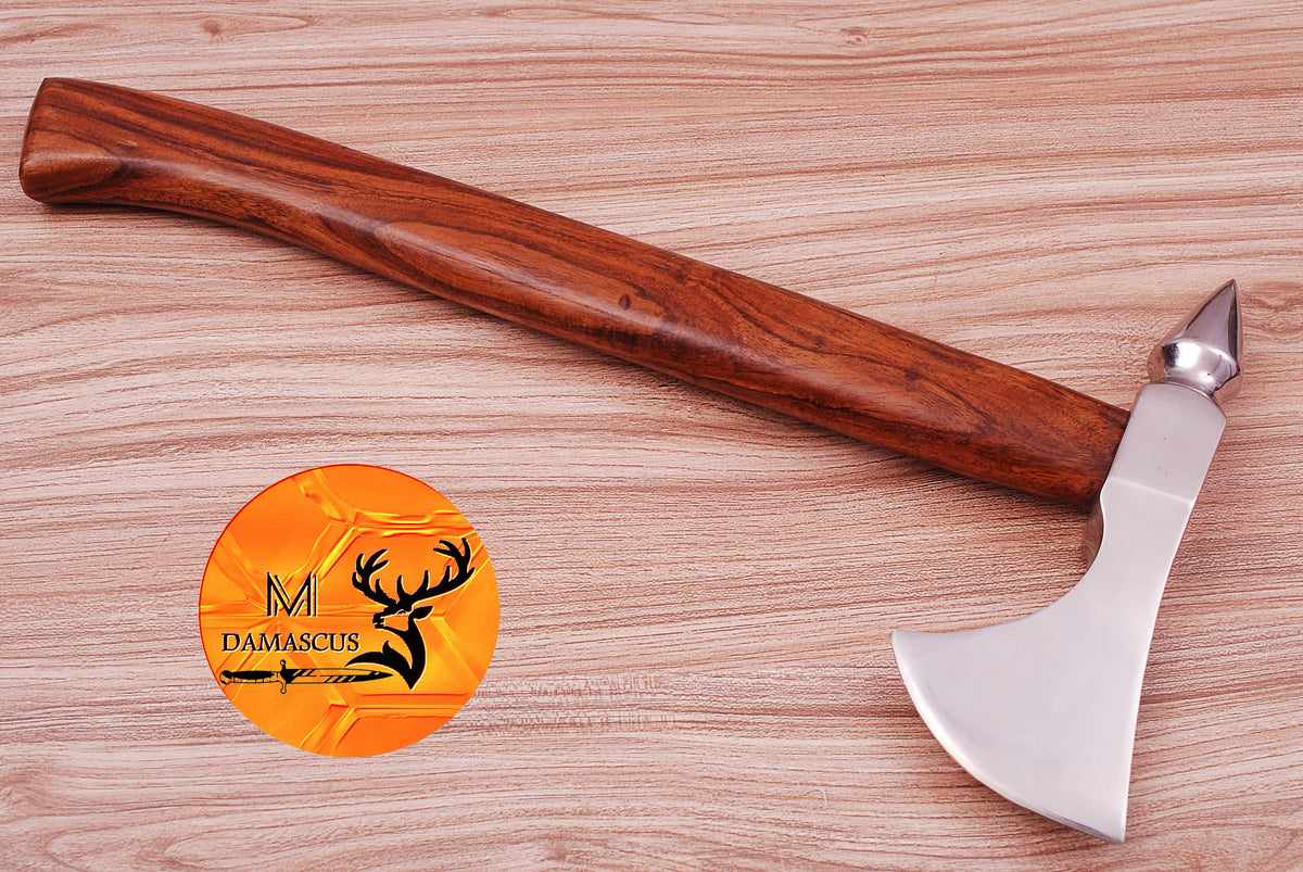 CUSTOM HANDMADE CARBON STEEL AXE HATCHET INTEGRAL VIKING THROWING TOMAHAWK WOOD HANDLE WITH LEATHER SHEATH 635