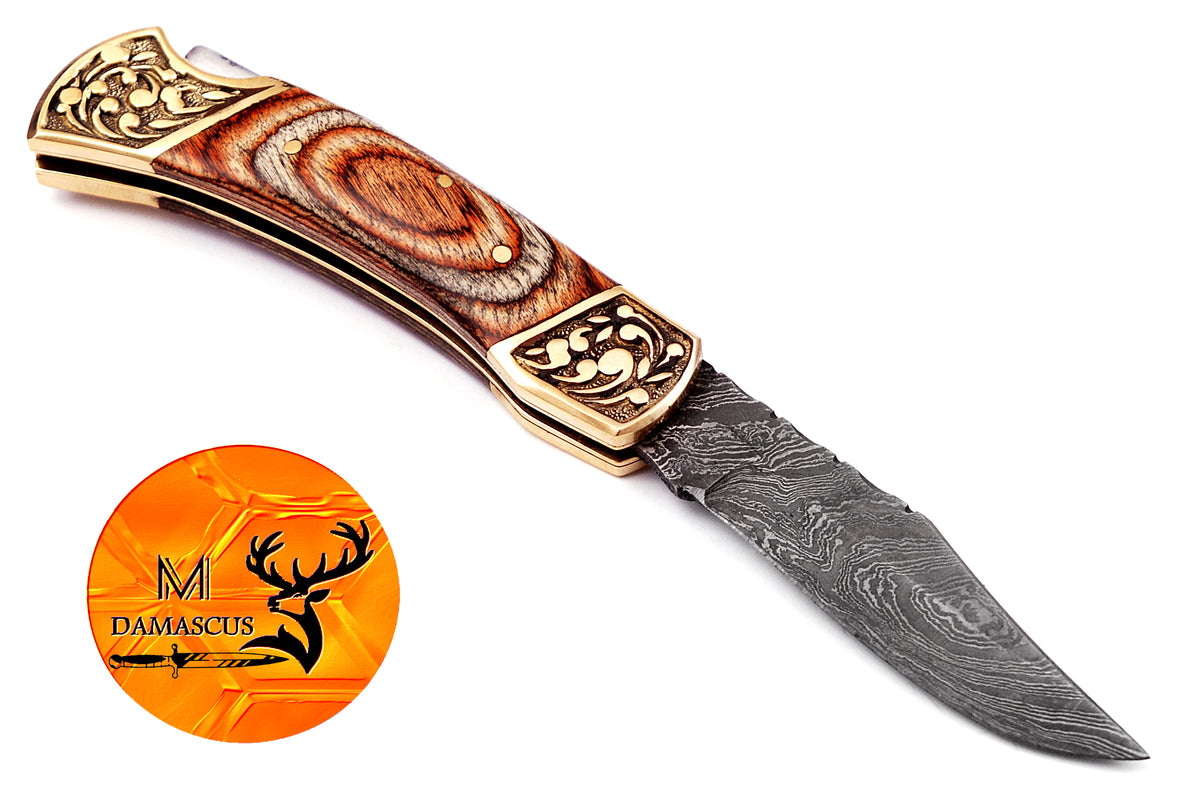 CUSTOM MADE POCKET KNIFE / HAND FORGED DAMASCUS STEEL FOLDING BLADE KNIFE / WOOD HANDLE