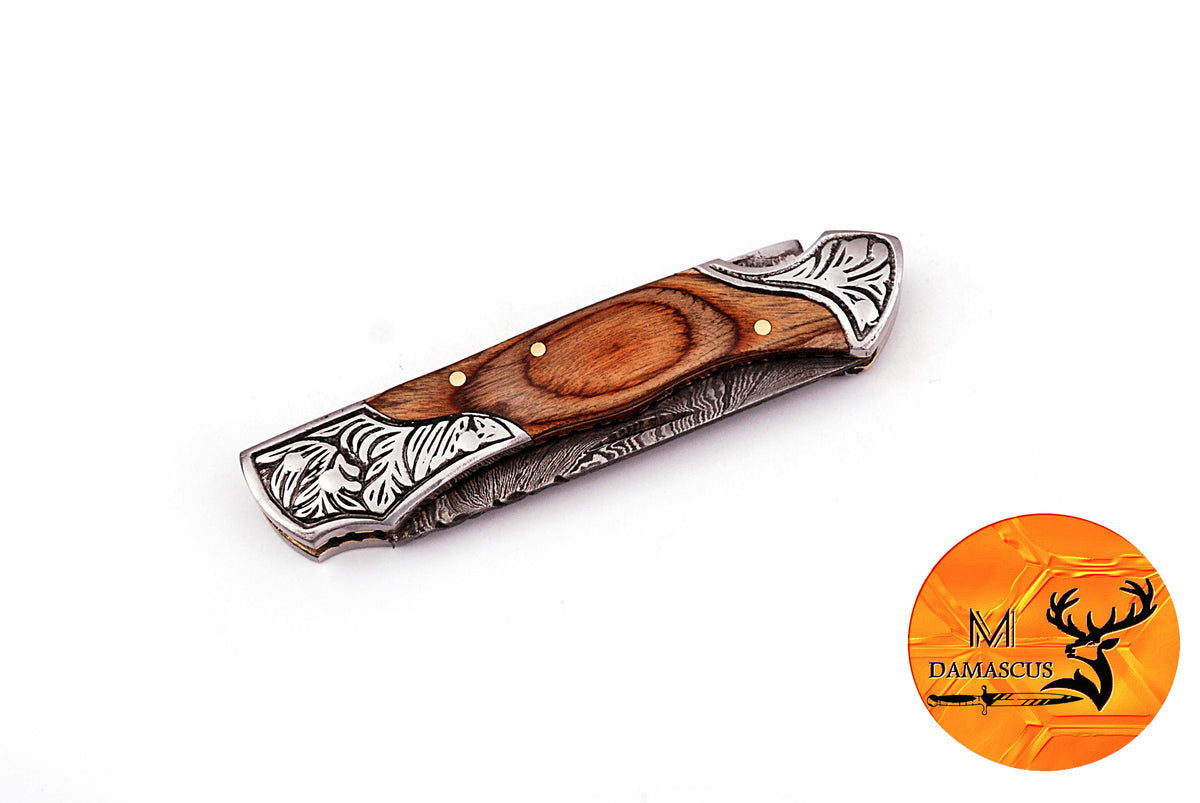 CUSTOM MADE POCKET KNIFE / HAND FORGED DAMASCUS STEEL FOLDING BLADE KNIFE / WOOD HANDLE 878