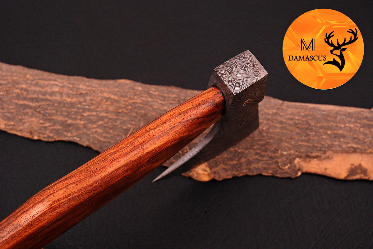 CUSTOM HANDMADE FORGED DAMASCUS STEEL AXE HATCHETS TOMAHAWK VIKING THROWING WOOD HANDLE WITH LEATHER SHEATH 949
