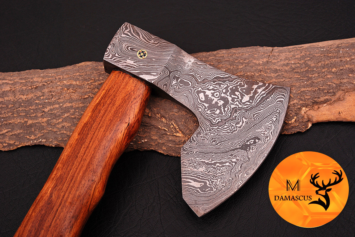 CUSTOM HANDMADE FORGED DAMASCUS STEEL AXE HATCHETS TOMAHAWK VIKING THROWING WOOD HANDLE WITH LEATHER SHEATH 948