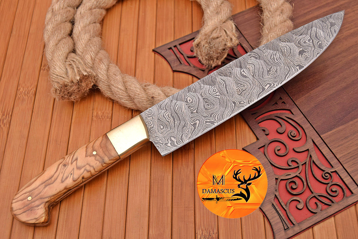 Chef Knife Custom Made Hand Forged Damascus Steel Utility Kitchen Knife With Wood And Brass Bolster Handle