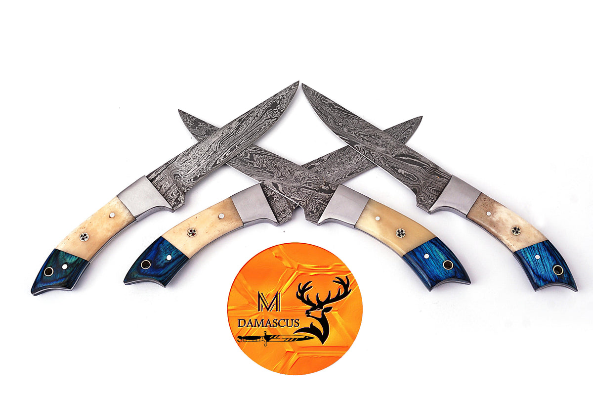 CUSTOM HANDMADE FORGED DAMASCUS STEEL STEAK KNIFE SET CHEF KNIFE SET KITCHEN KNIVES SET WITH CAMEL BONE HANDLE