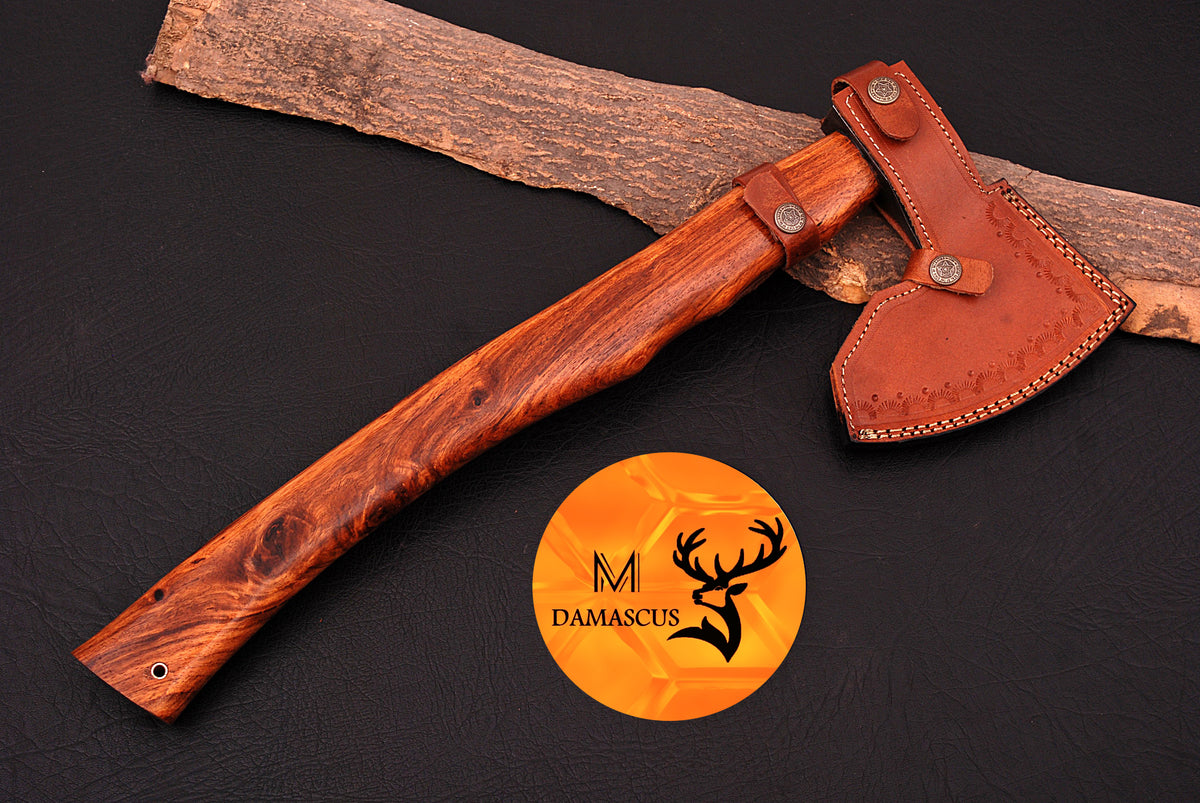 CUSTOM HANDMADE FORGED DAMASCUS STEEL AXE HATCHETS TOMAHAWK VIKING THROWING WOOD HANDLE WITH LEATHER SHEATH 948