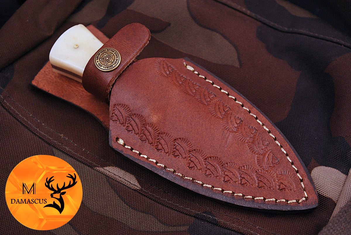 CUSTOM HANDMADE FORGED DAMASCUS STEEL BOOT KNIFE THROWING HUNTING KNIFE EDC CAMEL BONE HANDLE 868