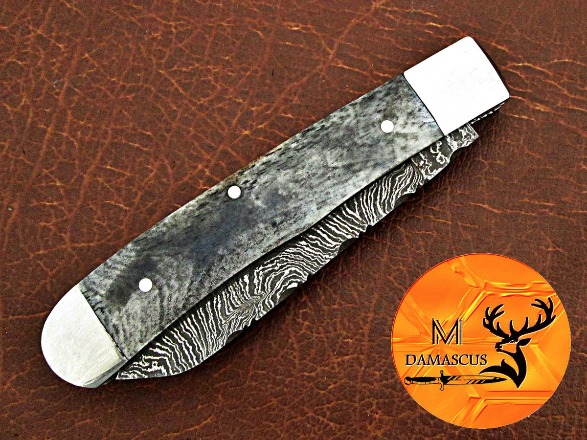 CUSTOM MADE TRAPPER KNIFE / HAND FORGED DAMASCUS STEEL FOLDING BLADE KNIFE / CAMEL BONE HANDLE 74