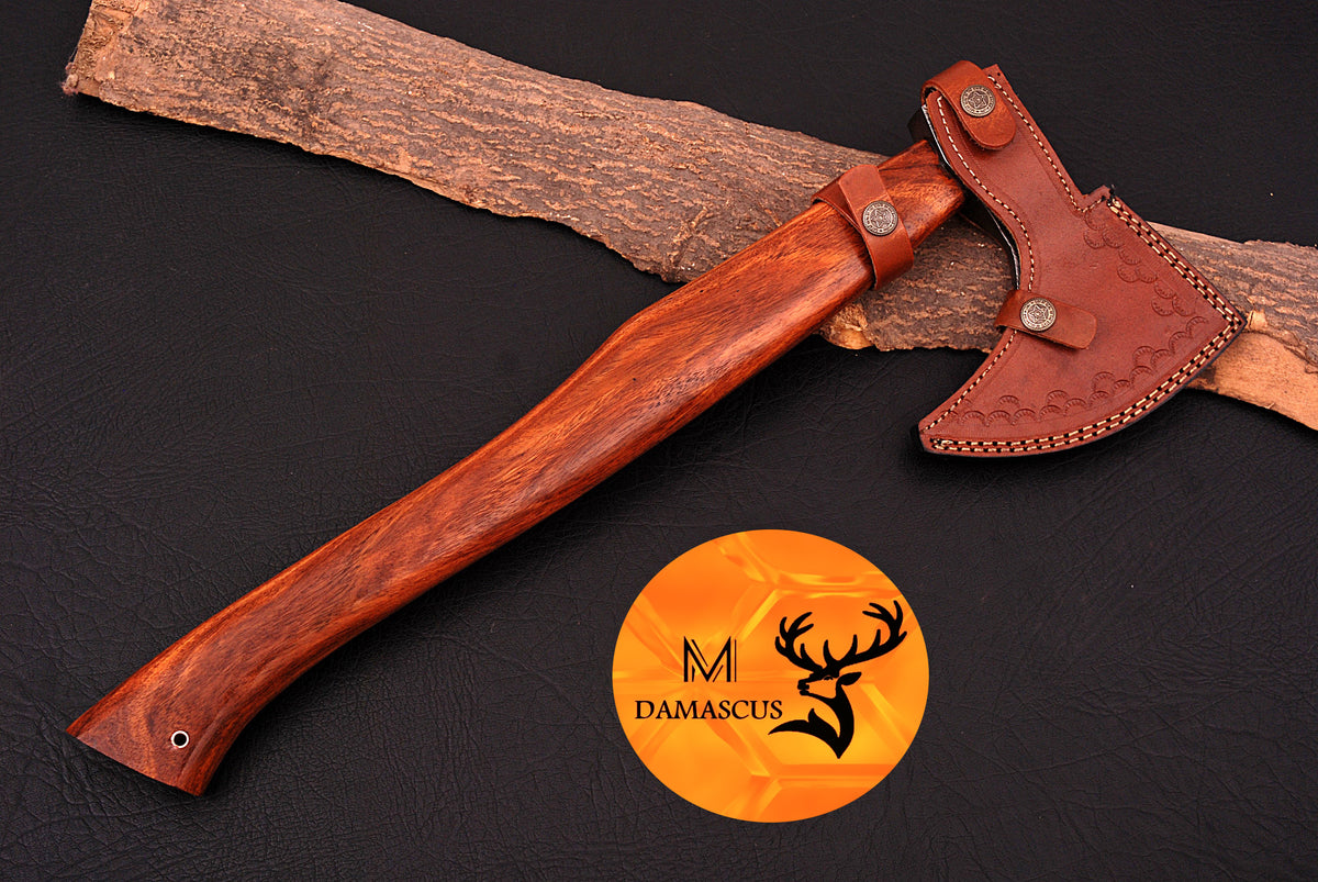 CUSTOM HANDMADE FORGED DAMASCUS STEEL AXE HATCHETS TOMAHAWK VIKING THROWING WOOD HANDLE WITH LEATHER SHEATH 949