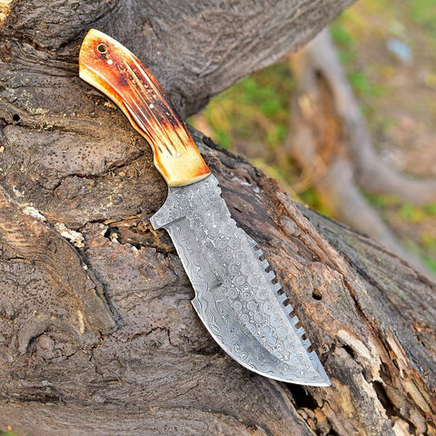 CUSTOM HANDMADE FORGED DAMASCUS STEEL TRACKER KNIFE HUNTING BOWIE KNIFE SURVIVAL EDC 2784