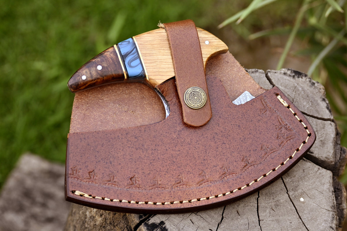 Ulu Knife Custom Made Hand Forged Damascus Steel Chef Kitchen Knife Pizza Cutter With Wood Handle 2771