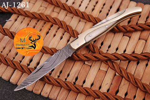 CUSTOM MADE FORGED DAMASCUS STEEL FOLDING POCKET KNIFE SKINNING HUNTING SURVIVAL EVERYDAY CARRY KNIFE 1261