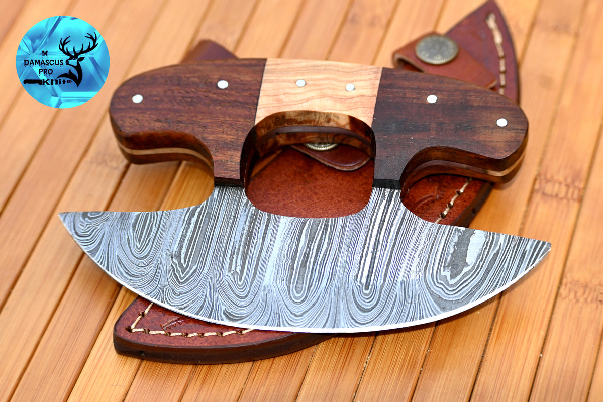 Ulu Knife Custom Made Hand Forged Damascus Steel Chef Kitchen Knife Pizza Cutter With Wood Handle