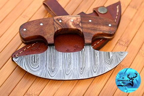 Ulu Knife Custom Made Hand Forged Damascus Steel Chef Kitchen Knife Pizza Cutter With Wood Handle