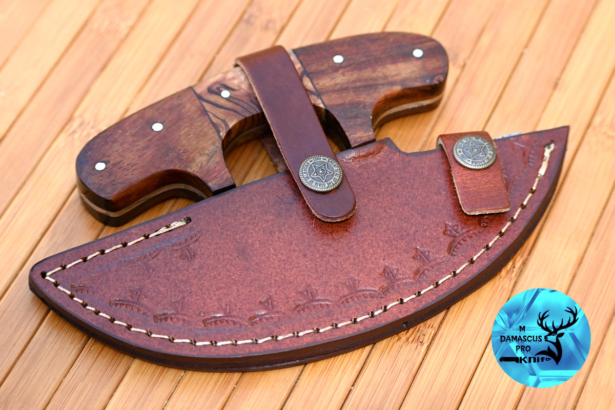Ulu Knife Custom Made Hand Forged Damascus Steel Chef Kitchen Knife Pizza Cutter With Wood Handle