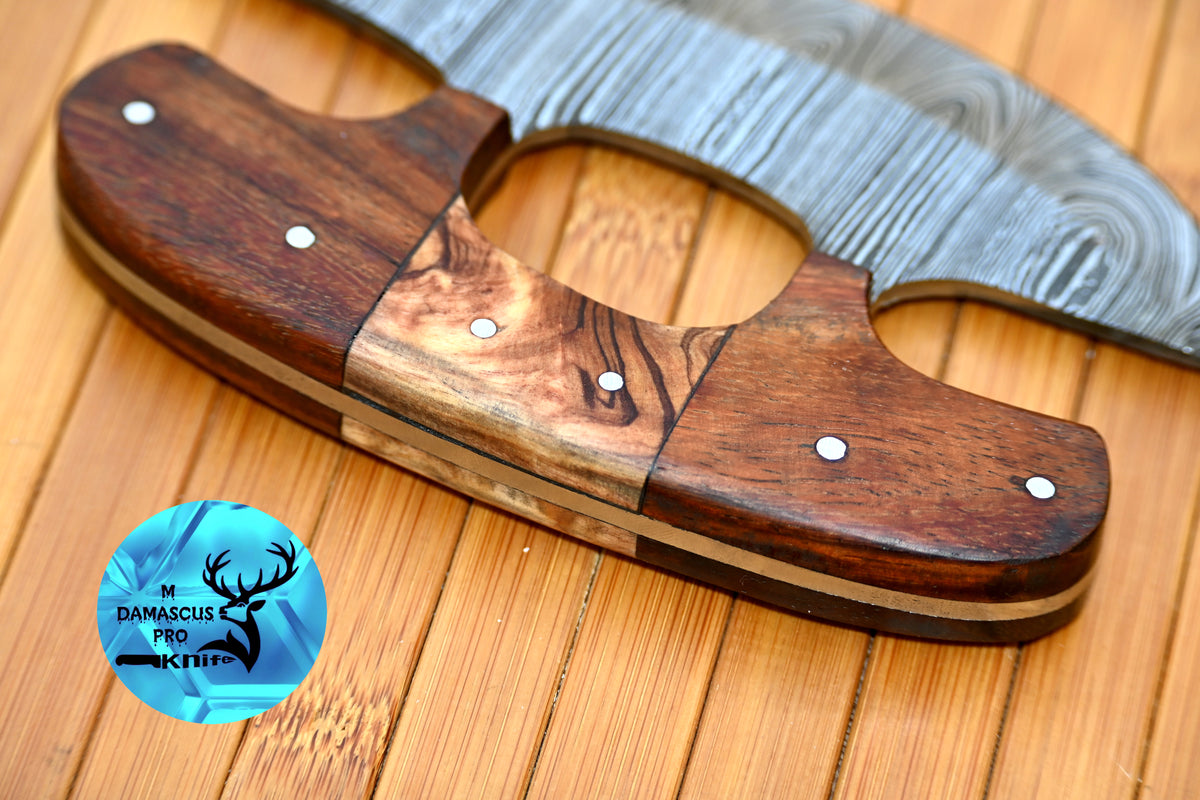 Ulu Knife Custom Made Hand Forged Damascus Steel Chef Kitchen Knife Pizza Cutter With Wood Handle
