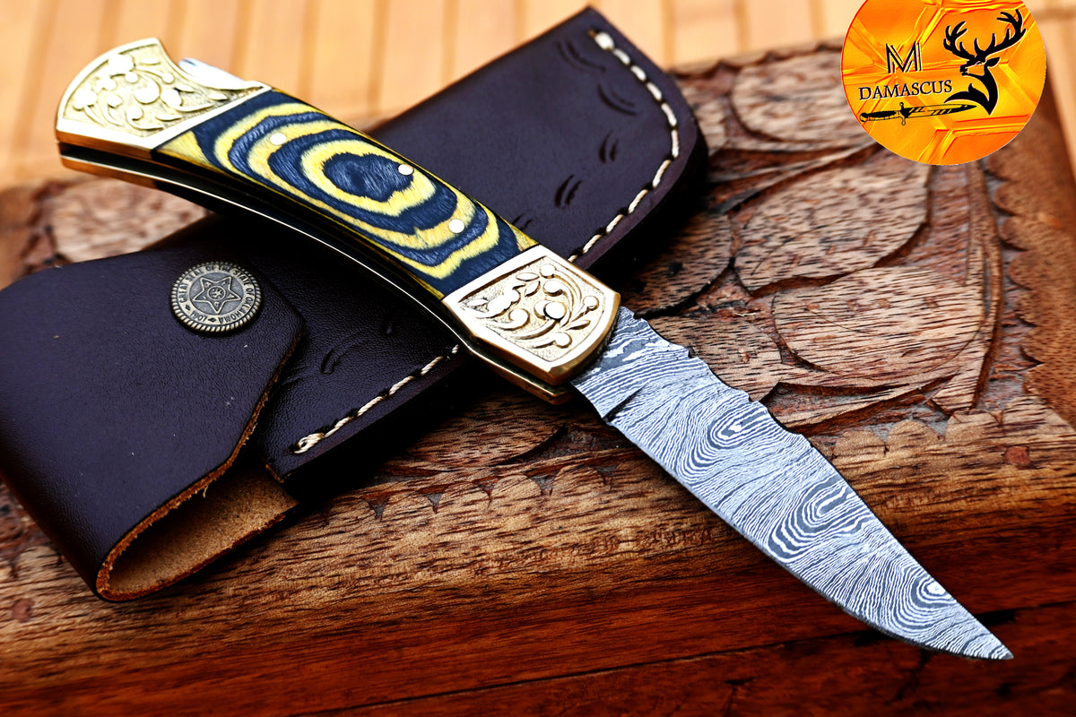 CUSTOM MADE POCKET KNIFE / HAND FORGED DAMASCUS STEEL FOLDING BLADE KNIFE / WOOD HANDLE 1297