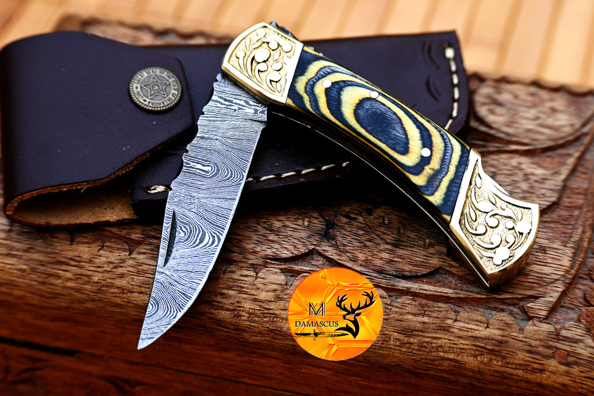 CUSTOM MADE POCKET KNIFE / HAND FORGED DAMASCUS STEEL FOLDING BLADE KNIFE / WOOD HANDLE 1297