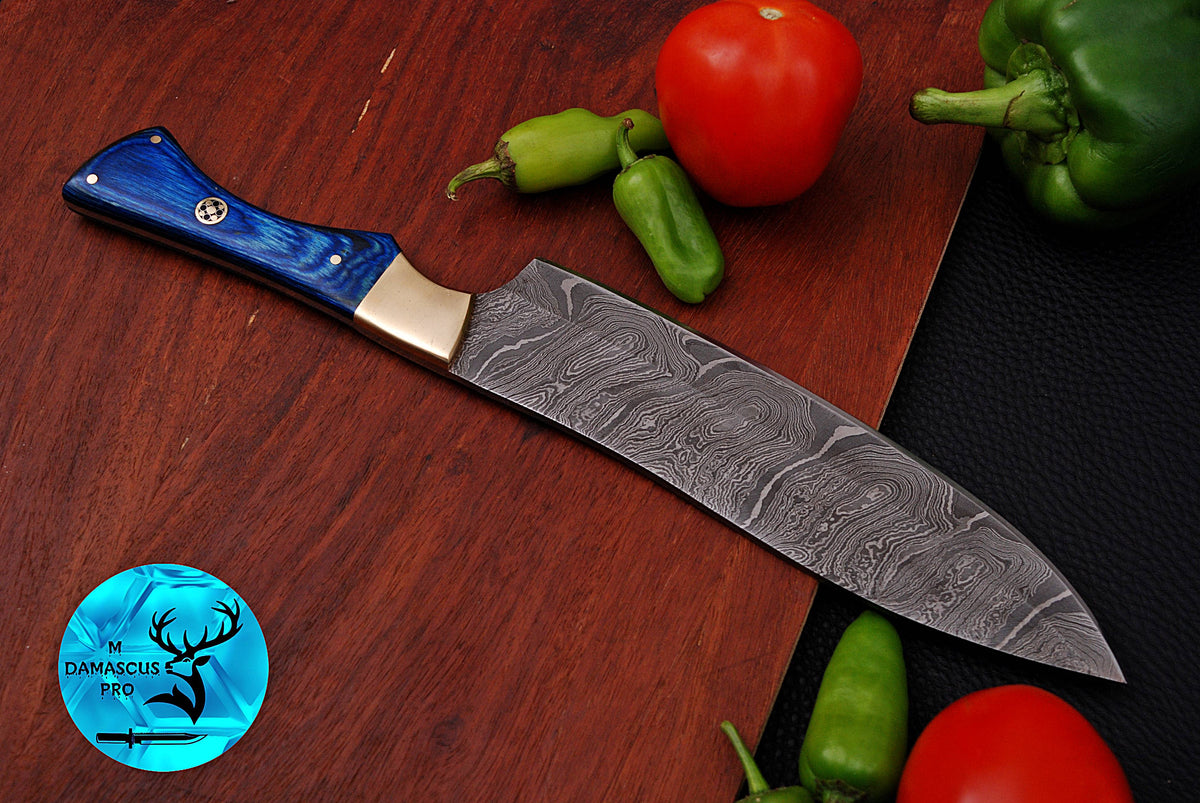 Chef Knife Custom Made Hand Forged Damascus Steel Utility Kitchen Knife With Wood And Brass Bolster Handle