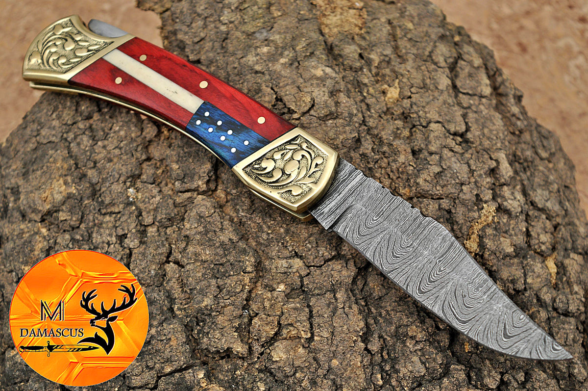 CUSTOM MADE POCKET KNIFE / HAND FORGED DAMASCUS STEEL FOLDING BLADE KNIFE / WOOD HANDLE