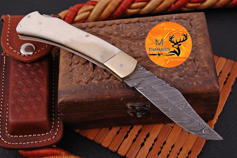 CUSTOM MADE POCKET KNIFE / HAND FORGED DAMASCUS STEEL FOLDING BLADE KNIFE / CAMEL BONE HANDLE 1287