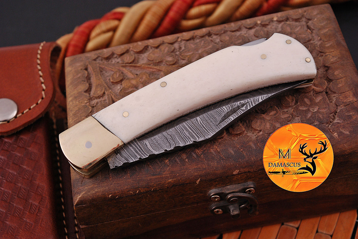 CUSTOM MADE POCKET KNIFE / HAND FORGED DAMASCUS STEEL FOLDING BLADE KNIFE / CAMEL BONE HANDLE 1287