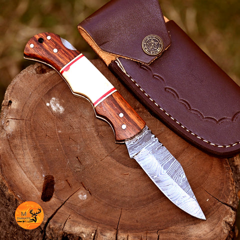 CUSTOM MADE POCKET KNIFE / HAND FORGED DAMASCUS STEEL FOLDING BLADE KNIFE / WOOD HANDLE 2720
