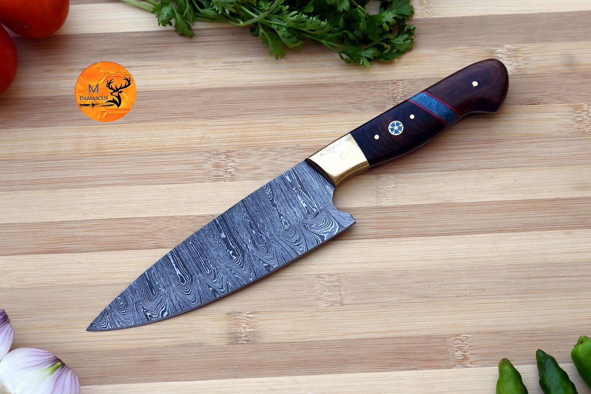 Chef Knife Custom Made Hand Forged Damascus Steel Steak Knife Kitchen Knife With Wood And Brass Bolster Handle
