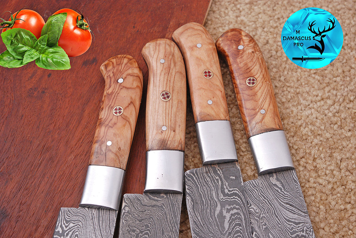 CUSTOM HANDMADE FORGED DAMASCUS STEEL STEAK KNIFE SET CHEF KNIFE SET KITCHEN KNIVES SET WITH WOOD HANDLE 1401
