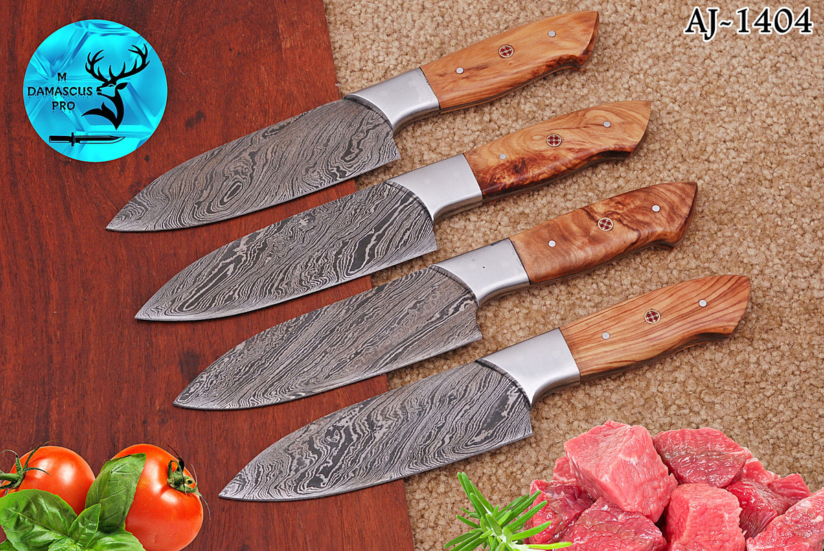 CUSTOM HANDMADE FORGED DAMASCUS STEEL STEAK KNIFE SET CHEF KNIFE SET KITCHEN KNIVES SET WITH WOOD HANDLE 1404