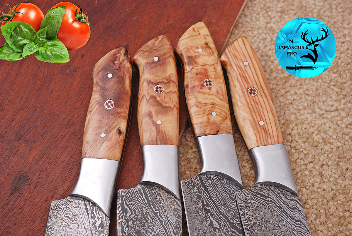 CUSTOM HANDMADE FORGED DAMASCUS STEEL STEAK KNIFE SET CHEF KNIFE SET KITCHEN KNIVES SET WITH WOOD HANDLE 1404