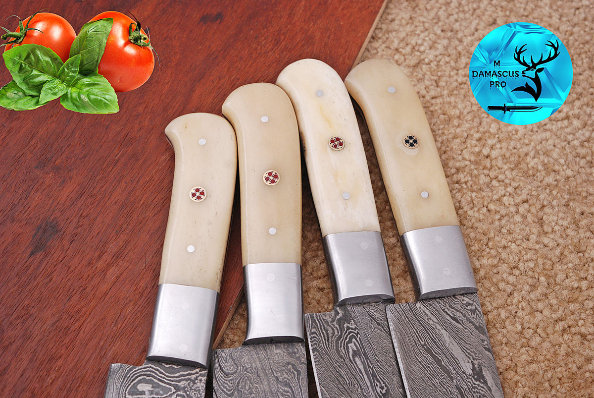 CUSTOM HANDMADE FORGED DAMASCUS STEEL STEAK KNIFE SET CHEF KNIFE SET KITCHEN KNIVES SET WITH CAMEL BONE HANDLE 1400