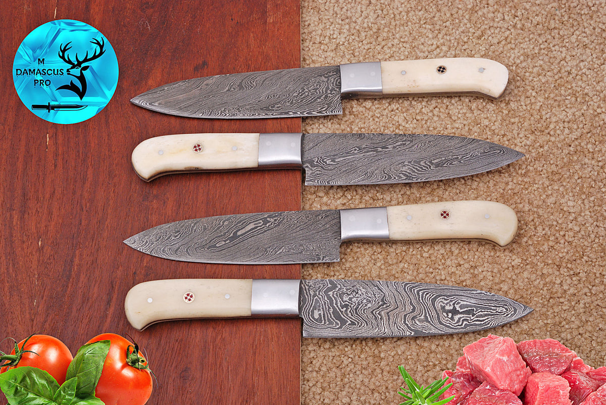 CUSTOM HANDMADE FORGED DAMASCUS STEEL STEAK KNIFE SET CHEF KNIFE SET KITCHEN KNIVES SET WITH CAMEL BONE HANDLE 1400