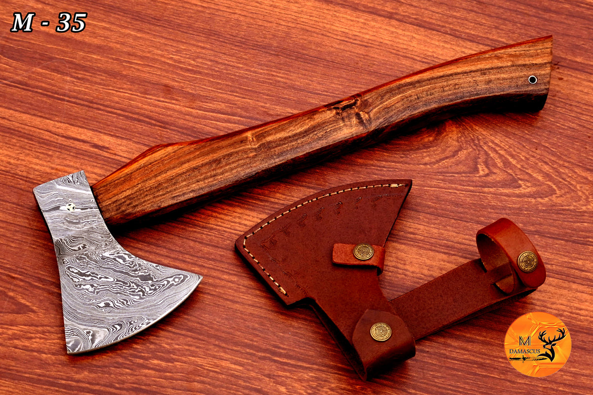 CUSTOM HANDMADE FORGED DAMASCUS STEEL AXE HATCHETS TOMAHAWK VIKING THROWING WOOD HANDLE WITH LEATHER SHEATH