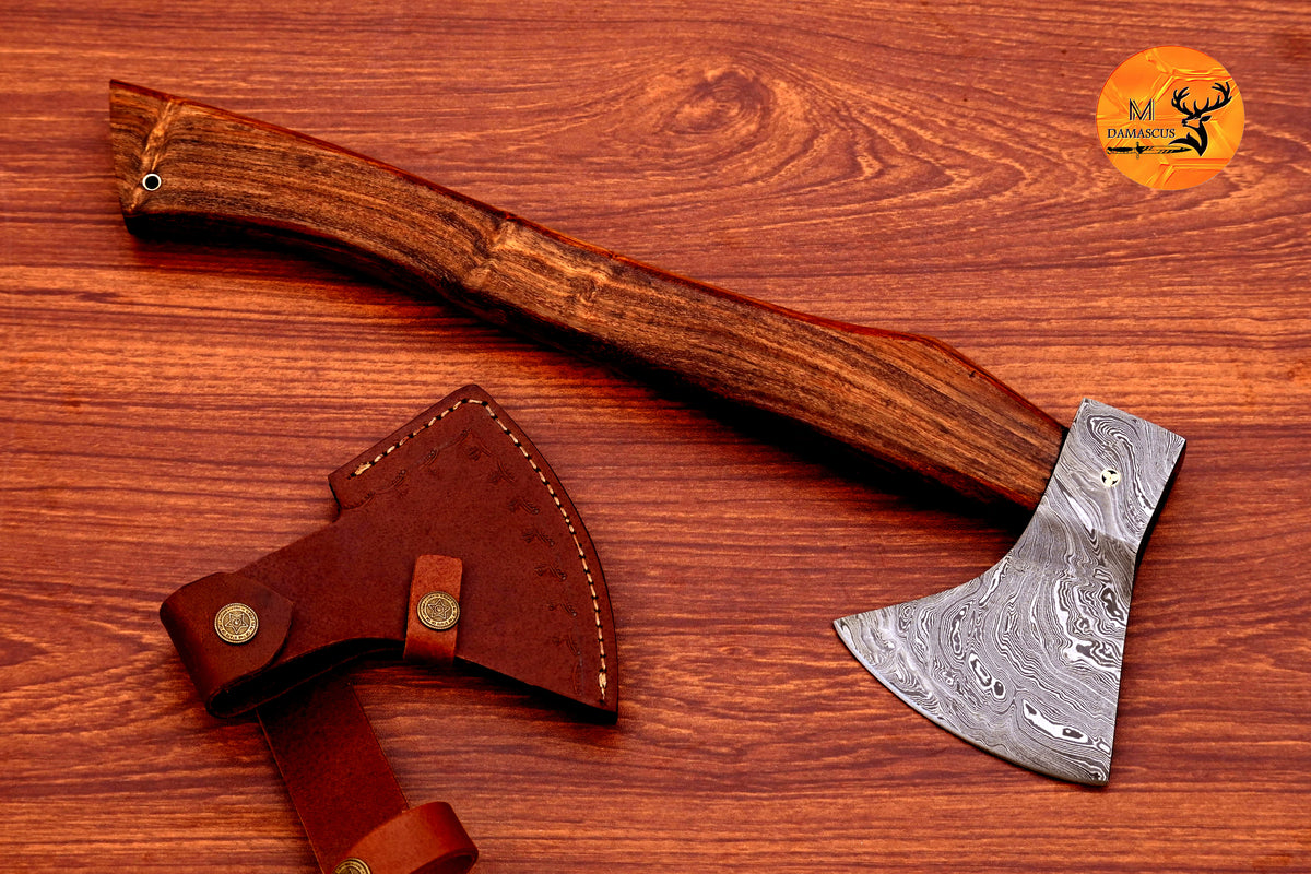 CUSTOM HANDMADE FORGED DAMASCUS STEEL AXE HATCHETS TOMAHAWK VIKING THROWING WOOD HANDLE WITH LEATHER SHEATH