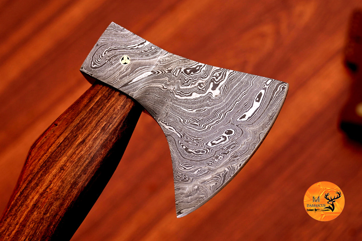 CUSTOM HANDMADE FORGED DAMASCUS STEEL AXE HATCHETS TOMAHAWK VIKING THROWING WOOD HANDLE WITH LEATHER SHEATH