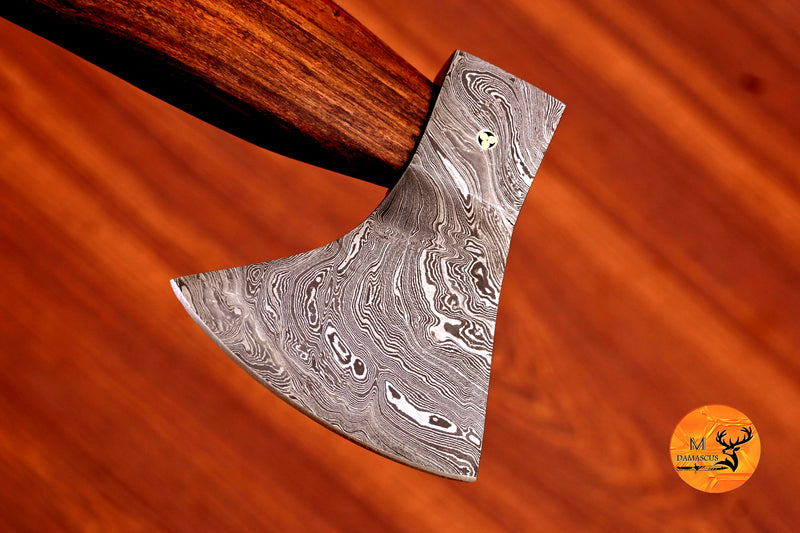 CUSTOM HANDMADE FORGED DAMASCUS STEEL AXE HATCHETS TOMAHAWK VIKING THROWING WOOD HANDLE WITH LEATHER SHEATH